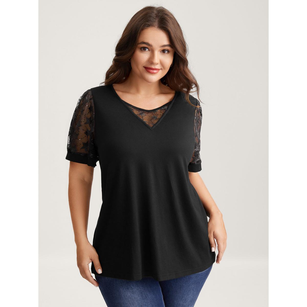 Plus Size Beaded Mesh Sheer Patchwork T-Shirt Black Women Gathered V-neck Everyday-Elegant T-shirts BloomChic 14-16/1X Product Image