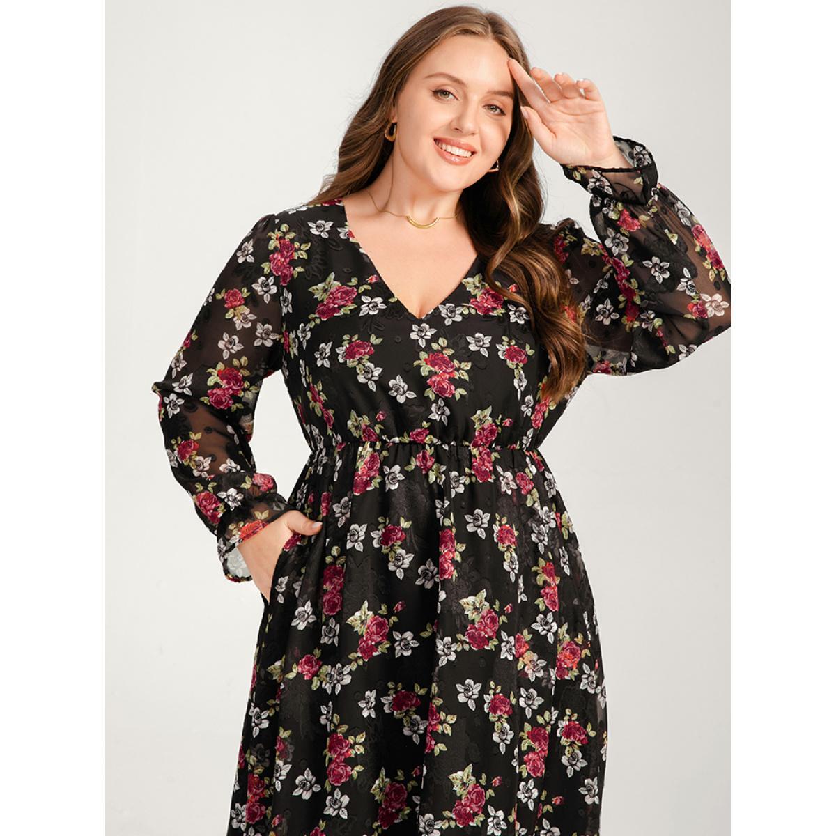 Plus Size Floral Mesh Lantern Sleeve Pocket Flutter Dress Black Women Dating V-neck Long Sleeve Curvy Midi Dress BloomChic 18-20/2X Product Image