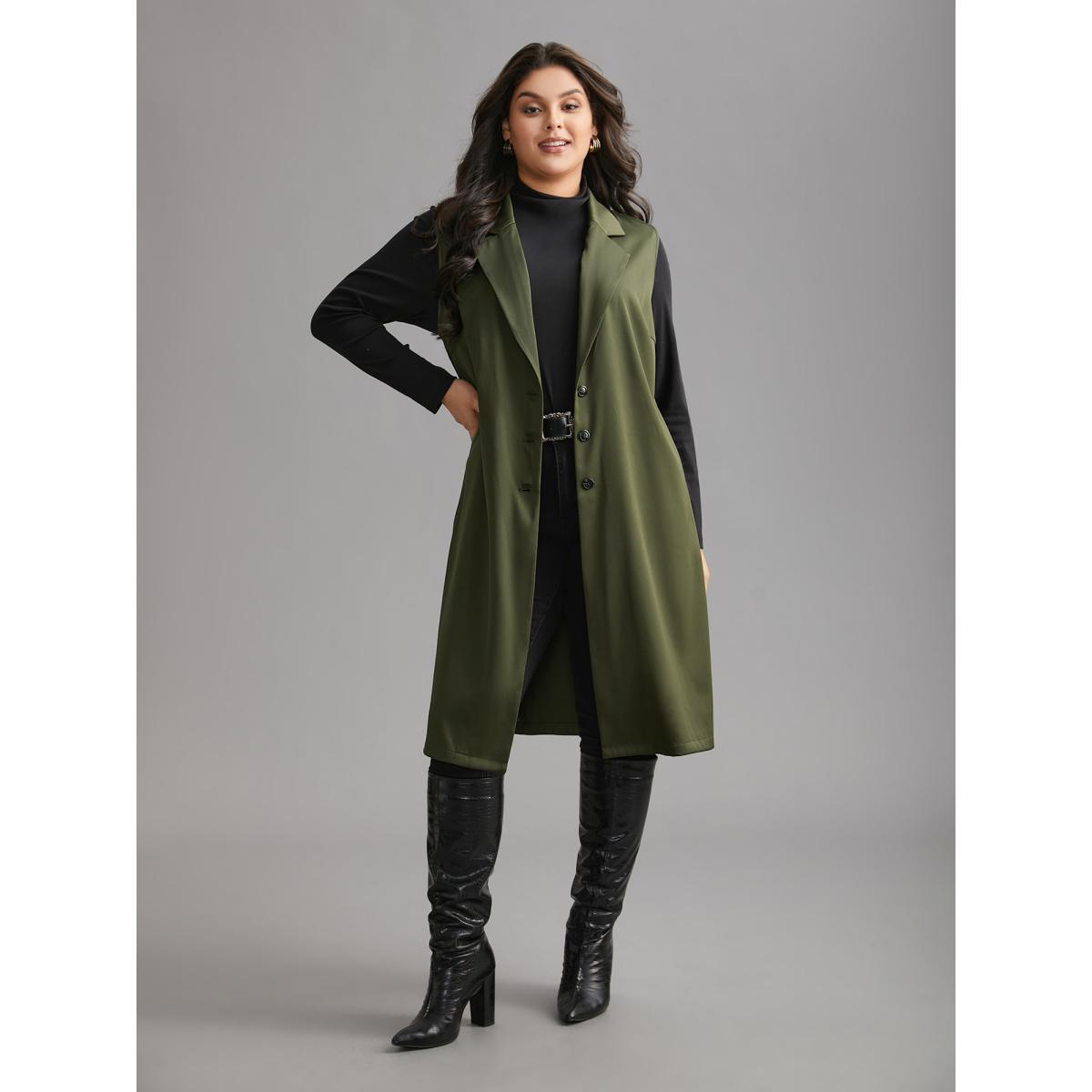 Plus Size Solid Lapel Collar Pockets Coat Women ArmyGreen Elegant Button Loose Ladies Everyday Winter Coats BloomChic 22-24/3X Product Image