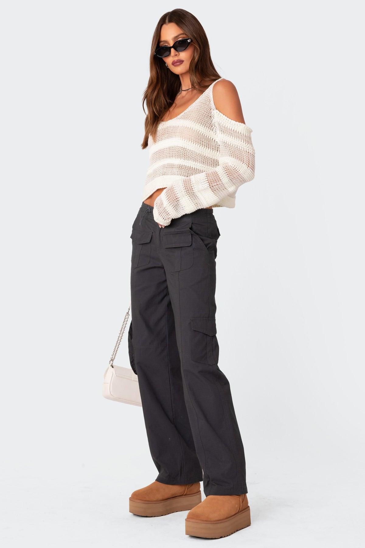 Textured Knit Open Shoulder Sweater Product Image