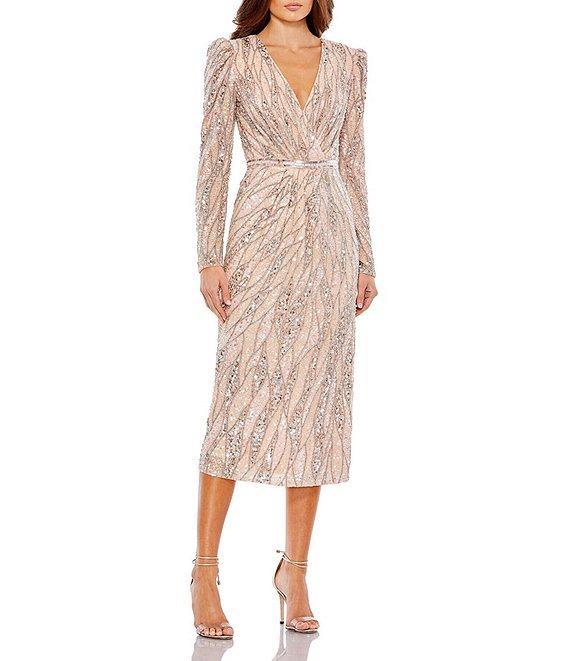 Mac Duggal Long Puffed Sleeve Surplice V-Neck Sequin Embellished Sheath Midi Dress Product Image