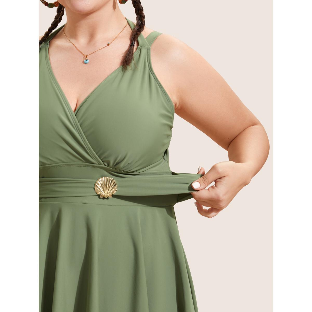 Plus Size Solid Tie Knot Metal Shell Detail Swim Dress Women's Swimwear Moss Beach Bodycon Overlap Collar High stretch Curve Swim Dresses BloomChic 14-16/1X Product Image