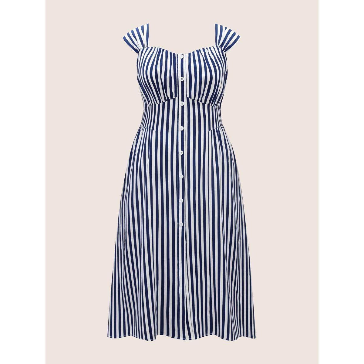 Plus Size Striped Button Detail Split Front Midi Dress Indigo Women Elegant Gathered Heart neckline Sleeveless Curvy BloomChic 26/4X Product Image