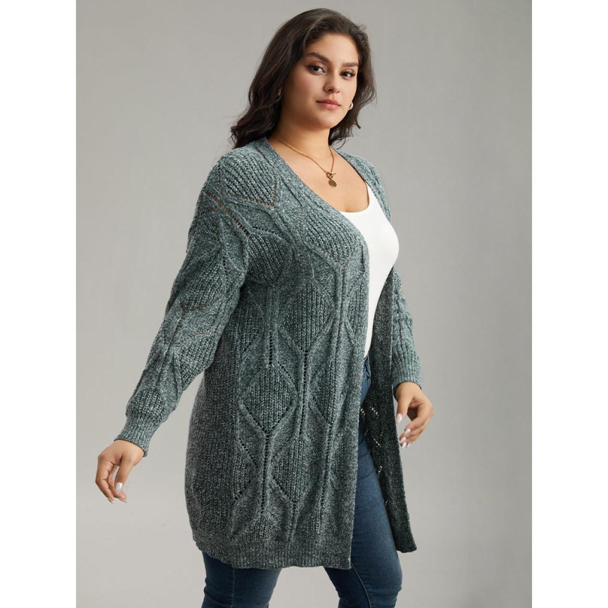 Plus Size Plain Cable Knit Drop Shoulder Cardigan DarkGreen Women Casual Loose Long Sleeve Dailywear Cardigans BloomChic 10/M Product Image