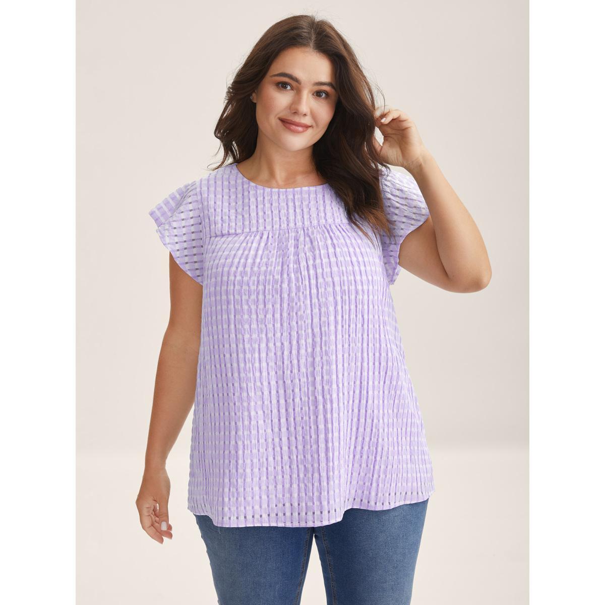 Plus Size LightBlue Textured Sheer Lined Flutter Sleeve Blouse Women Leisure Cap Sleeve Round Neck Casual Blouses BloomChic 30/6X Product Image