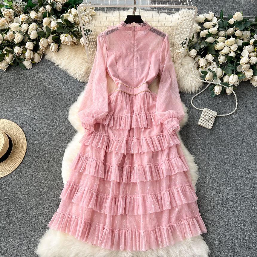 Long-Sleeve Bow Tiered Mesh Midi A-Line Dress Product Image