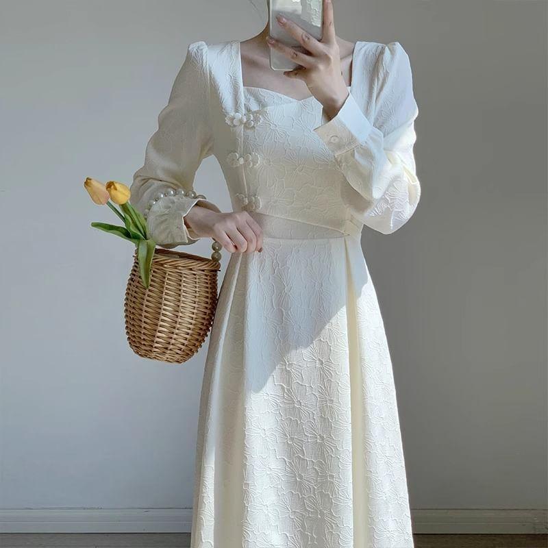 Long-Sleeve Square Neck Floral Textured Midi A-Line Dress Product Image