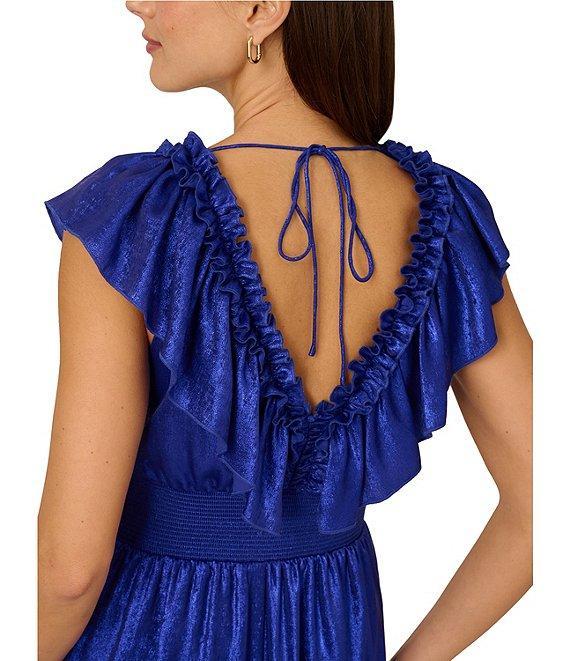 Adrianna by Adrianna Papell Foiled Chiffon V-Neck Cap Sleeve Ruffle A-Line Midi Dress Product Image