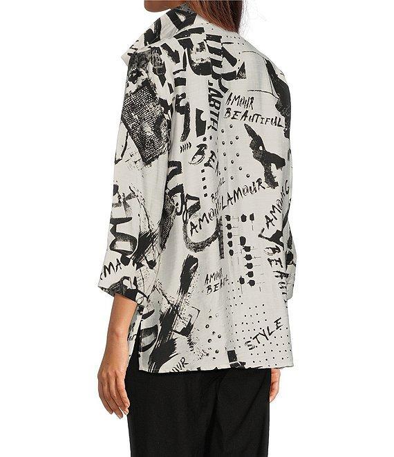 Ali Miles Black White Print Wire Collar 3/4 Sleeve Button Front Tunic Product Image