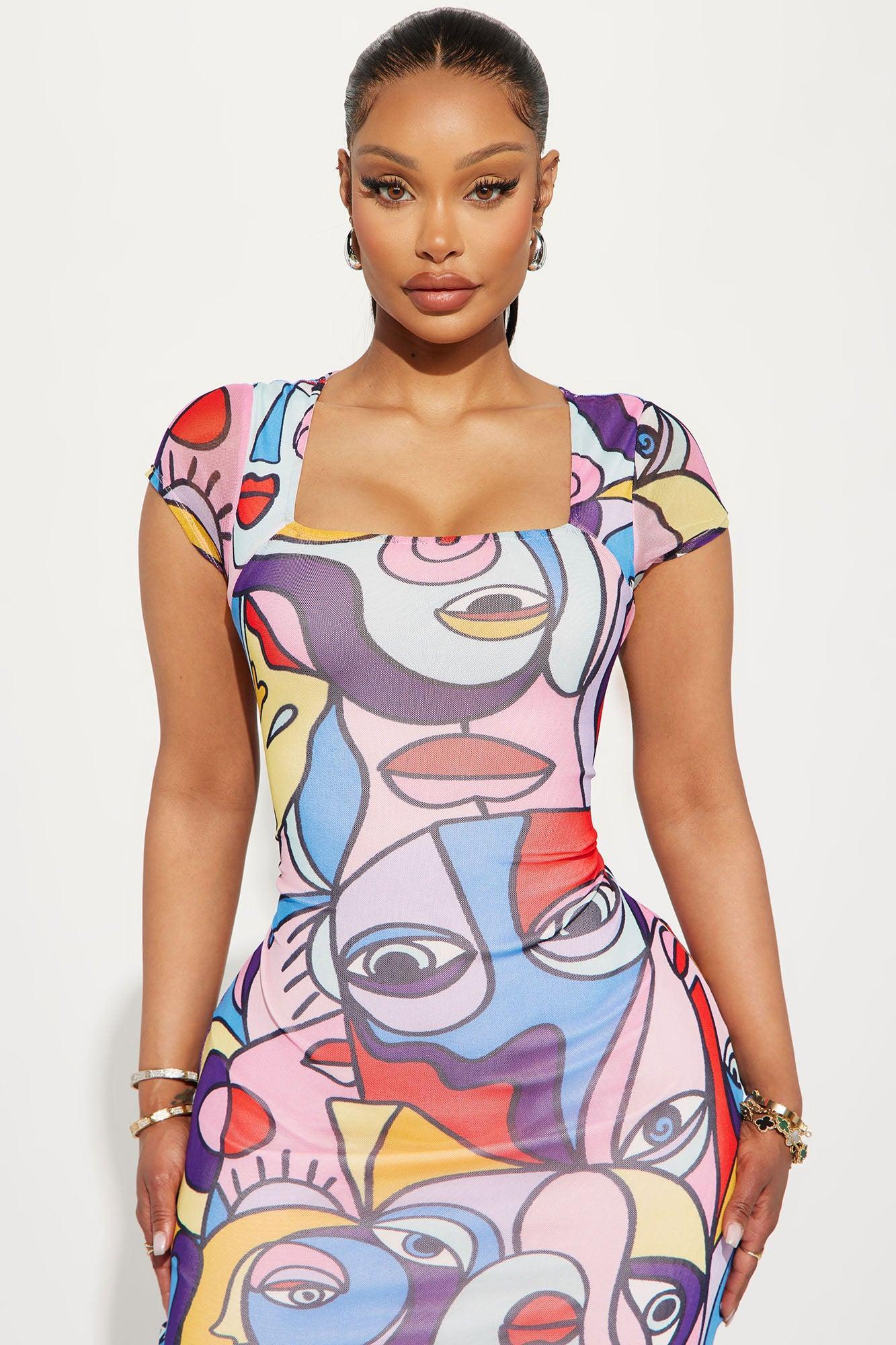 Jenna Portrait Mesh Midi Dress - Multi Color Product Image