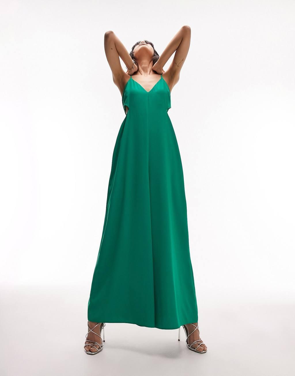 Topshop cami tie detail wide leg jumpsuit in green Product Image