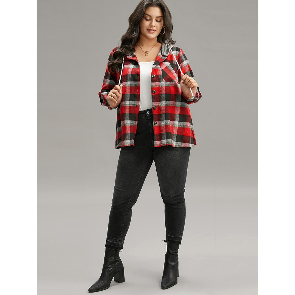 Plus Size Plaid Patchwork Hooded Drawstring Button Through Jacket Women Red Casual Jackets BloomChic 30/6X Product Image