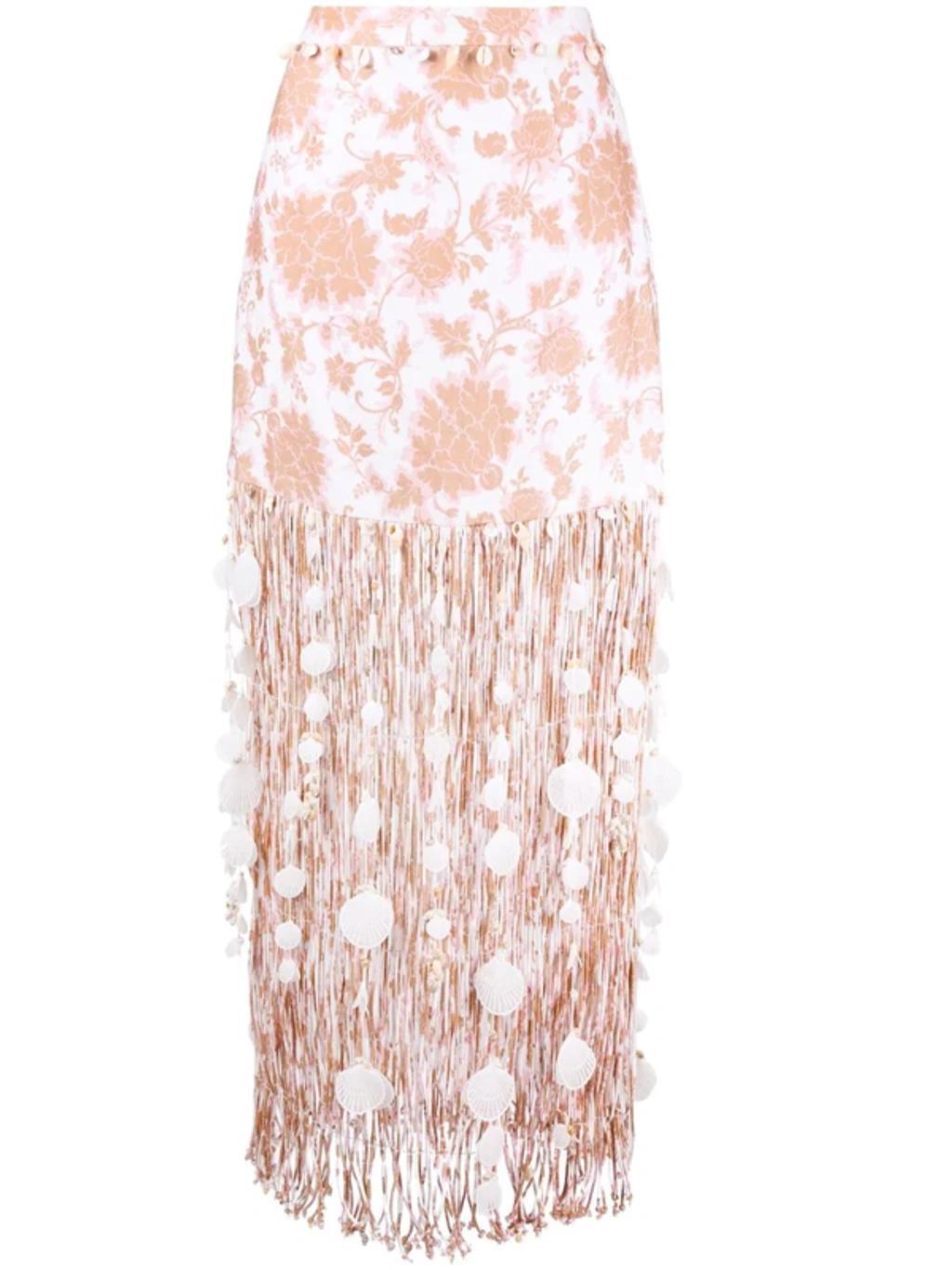 ZIMMERMANN Postcard Fringed Floral Linen Skirt In Tan Tonal Floral Product Image