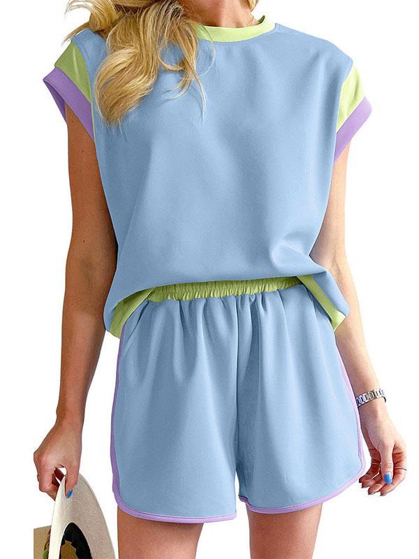Contrast Color Short Sleeves Round-Neck T-Shirt + Elasticity Shorts Two Pieces Set Product Image