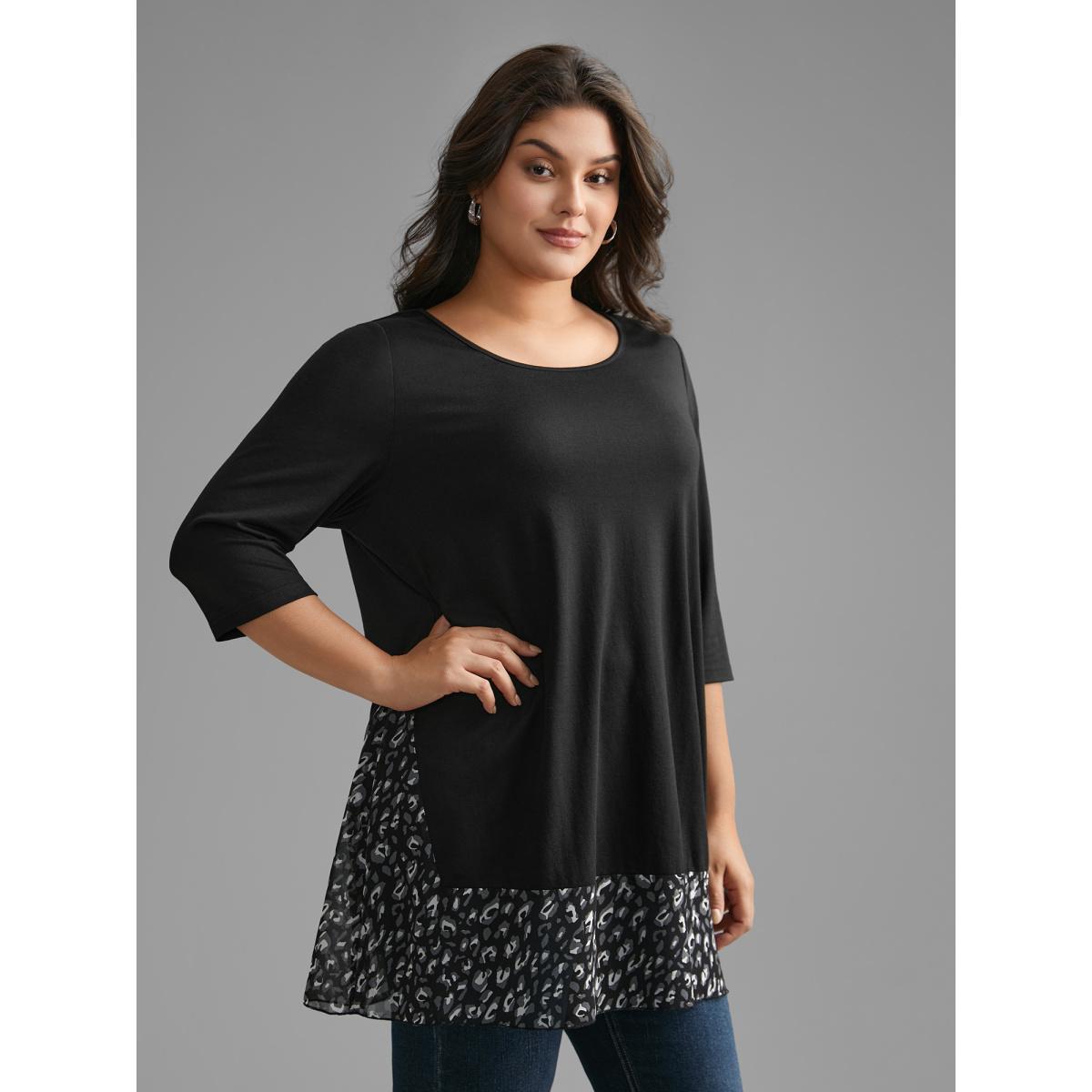Plus Size Crew Neck Leopard Print Patchwork T-shirt Black Women Elegant Patchwork Round Neck Everyday T-shirts BloomChic 12/L Product Image