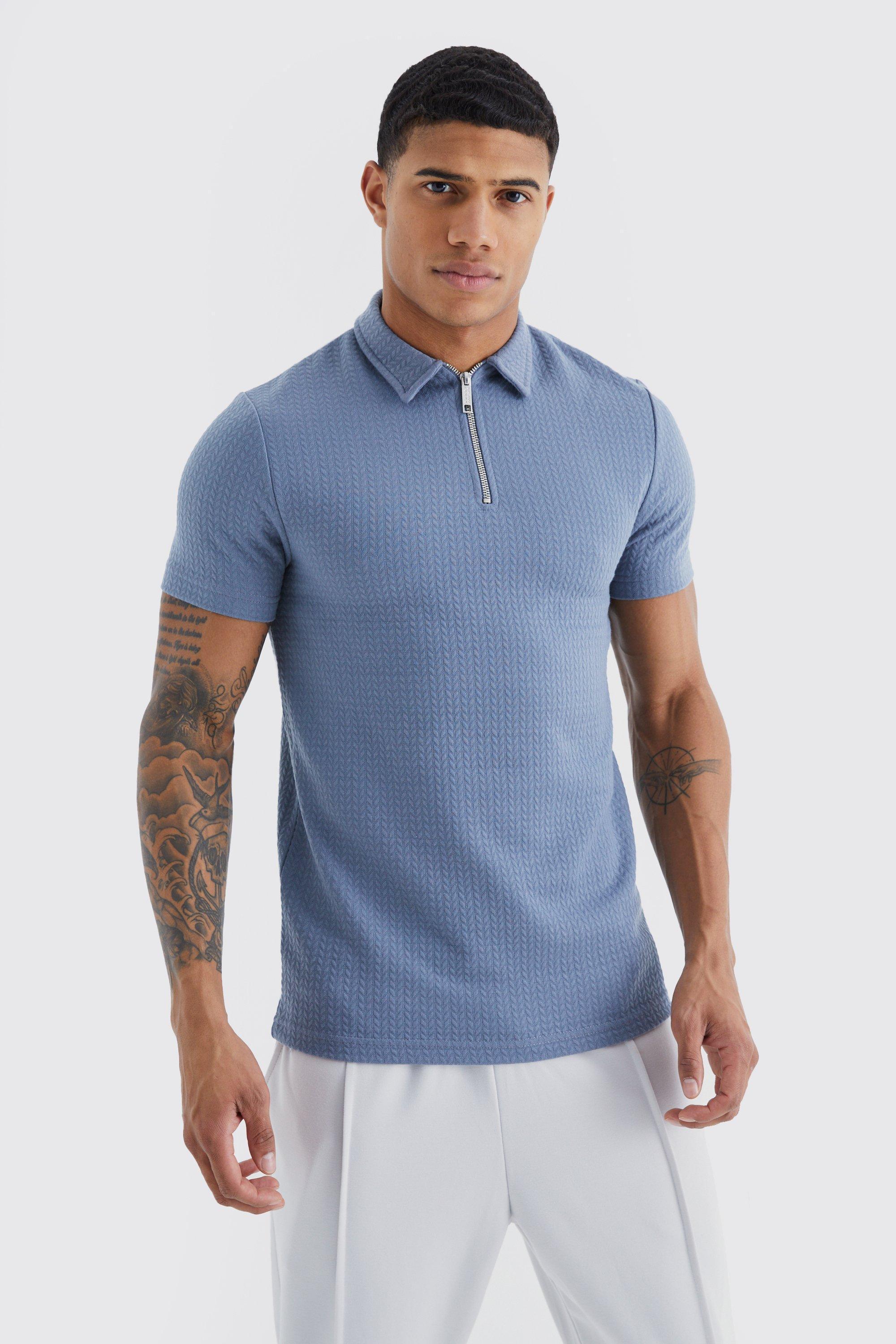 Mens Blue Short Sleeve Muscle Jacquard Polo, Blue Product Image