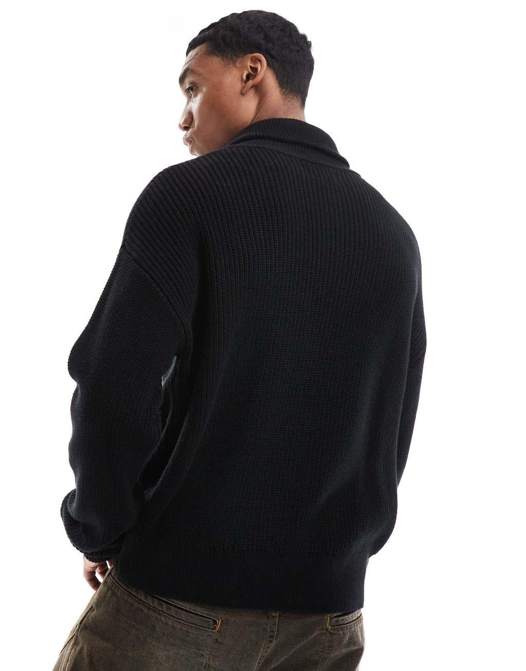 Pull&Bear 1/4 zip knitted sweater in black Product Image