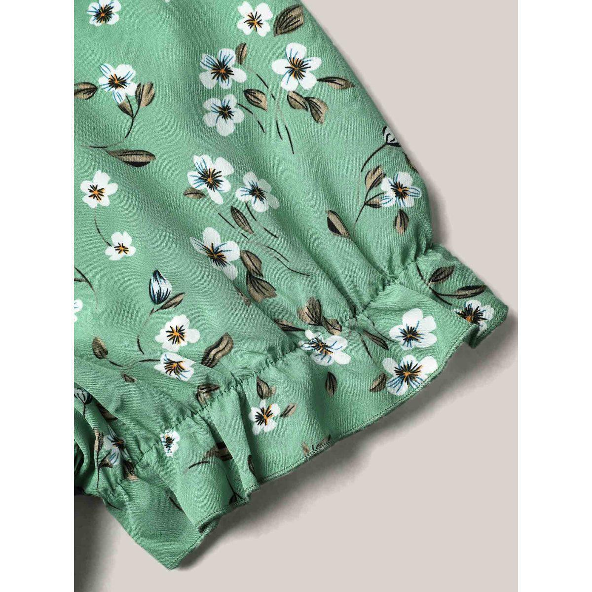 Plus Size Greenbean Floral Print Smocked Stretchy Waist Shirt Women Elegant Short sleeve Square Neck Everyday Blouses BloomChic 22-24/3X Product Image