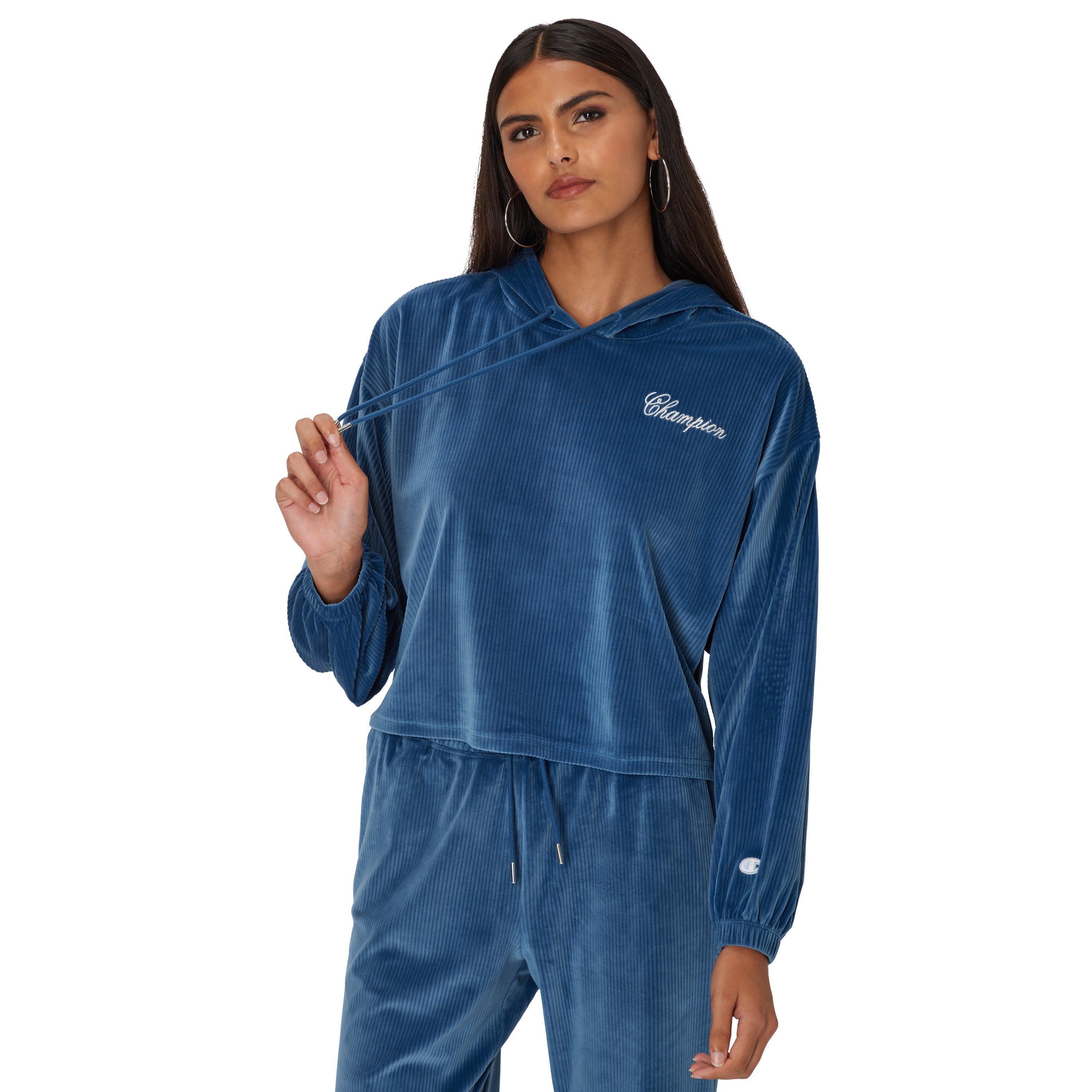 Womens Champion Soft Touch Hoodie, Corduroy, Cursive Logo Twilight Teal 2XL Product Image