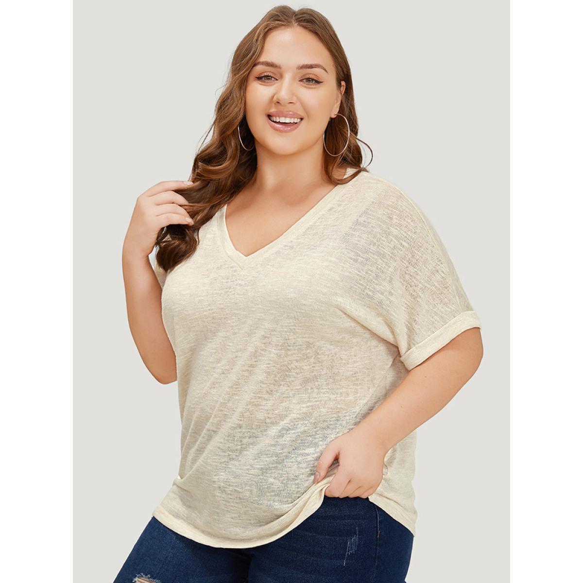 Plus Size Solid Mesh Heather Roll Batwing Sleeve T-shirt Beige Women Casual See through Plain V-neck Dailywear T-shirts BloomChic 14-16/1X Product Image