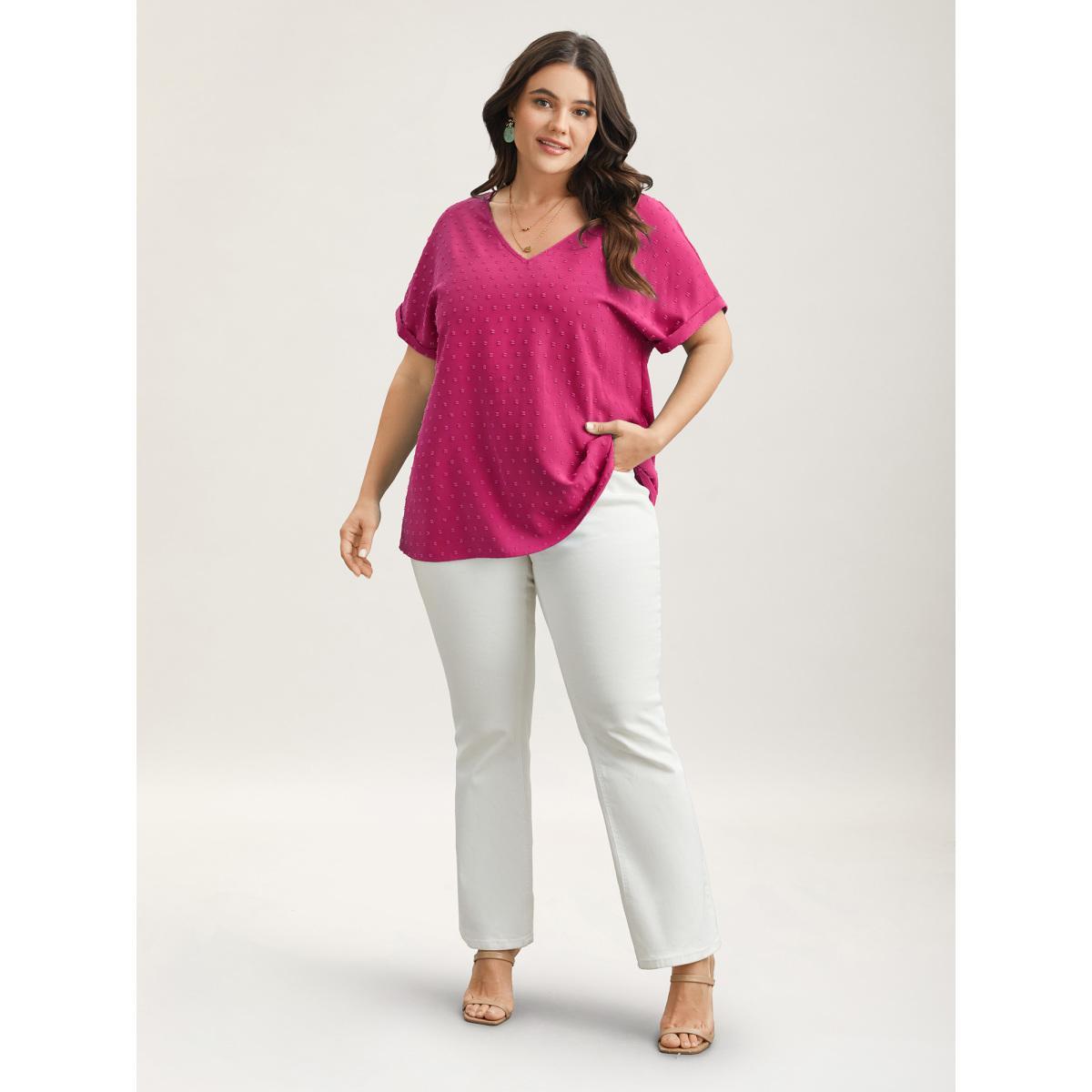 Plus Size RedViolet Back-Button Textured V-Neck Shirt Women Timeless Short sleeve V-neck Elegant Blouses BloomChic 12/L Product Image