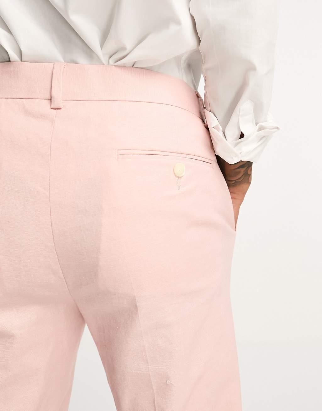 ASOS DESIGN super skinny linen mix suit pants in pastel pink Product Image