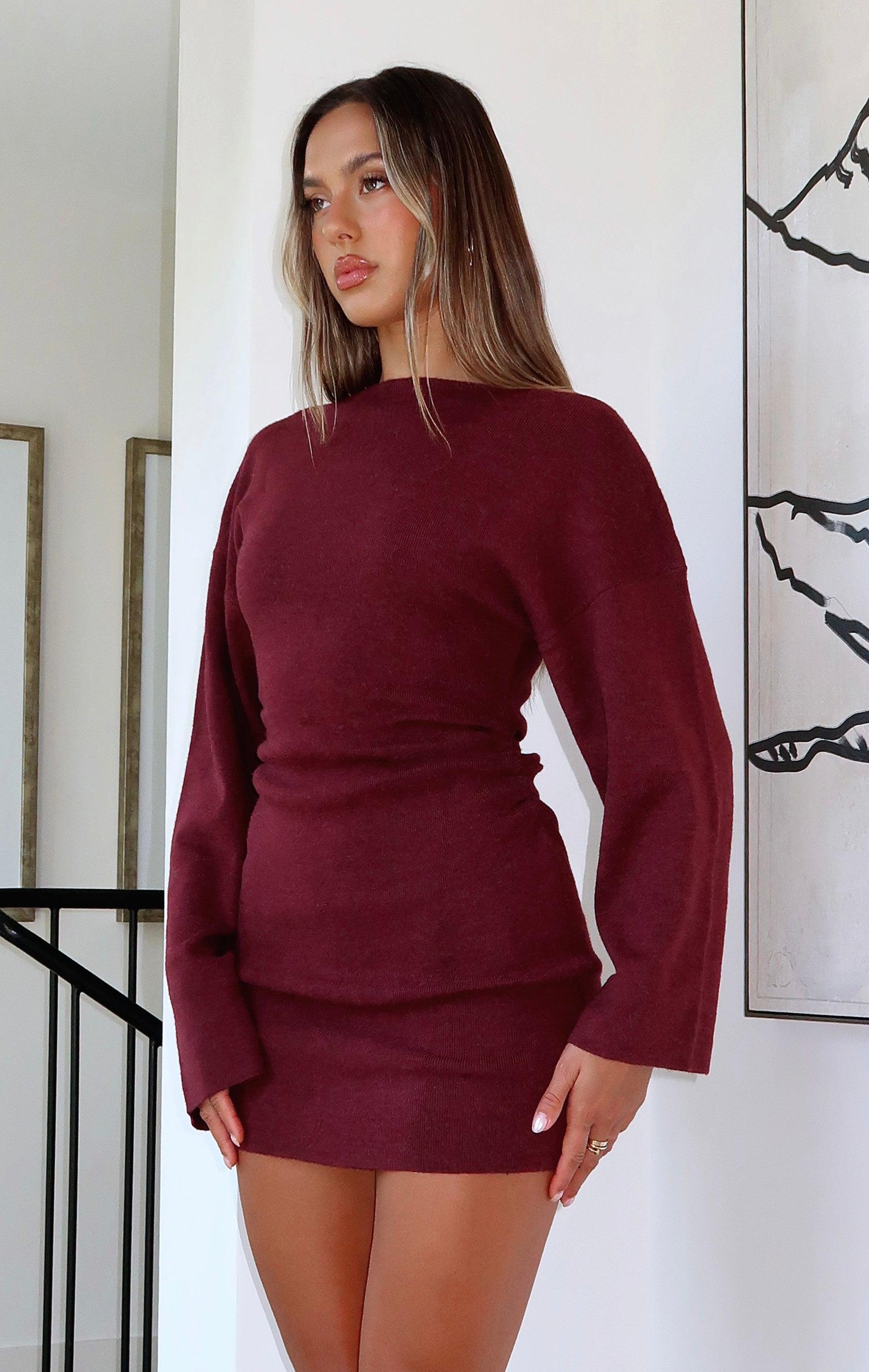 Strange World Long Sleeve Mini Dress Burgundy Product Image