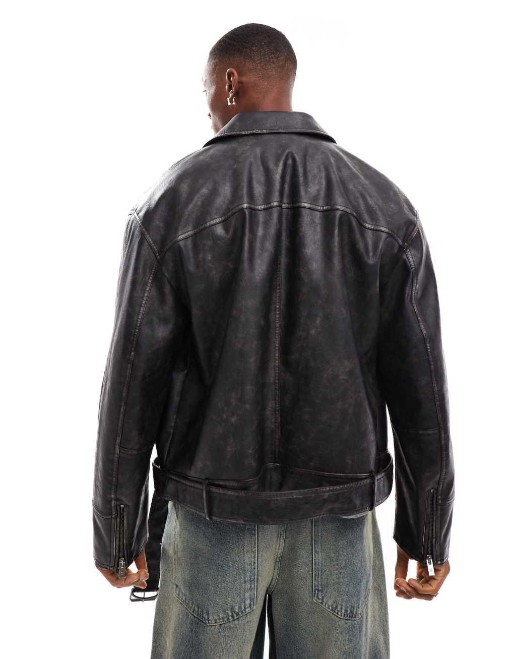 Bershka faux leather washed biker jacket in black Product Image