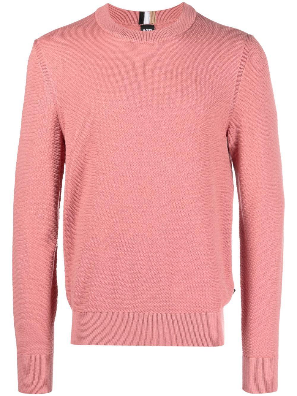 Crew-neck Sweater In Structured Cotton With Stripe Details In Light Pink Product Image