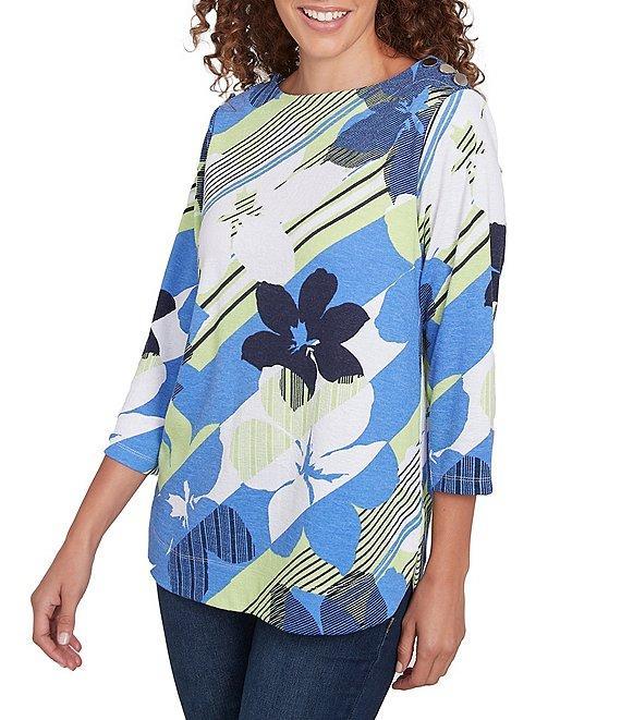 Ruby Rd. Stripe Floral Boat Neck 3/4 Sleeve Knit Top Product Image