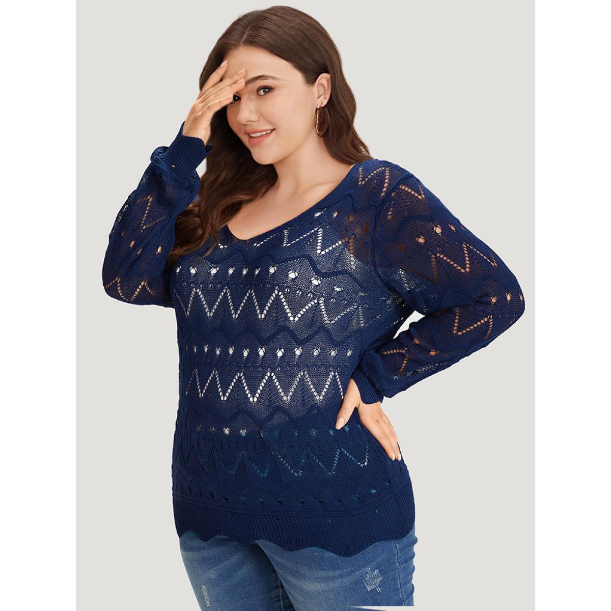 Plus Size Geometric Eyelet Scalloped Trim Drop Shoulder Pullover Indigo Women Casual Loose Long Sleeve Round Neck Dailywear Pullovers BloomChic 22-24/3X Product Image