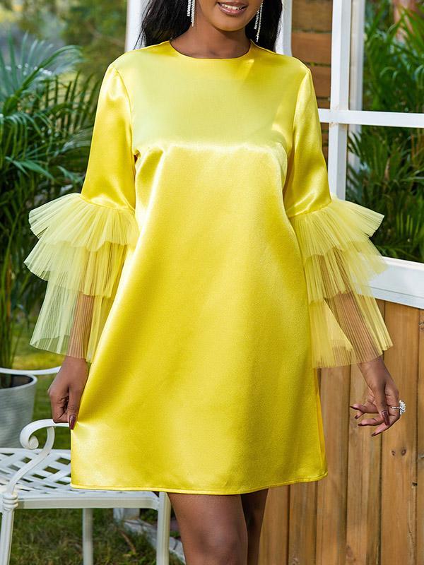 Half Sleeves Loose Shiny Solid Color Split-Joint Tulle Round-Neck Mini Dresses Product Image