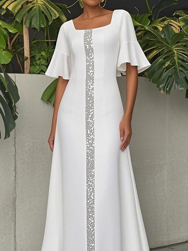 A-Line Flared Sleeves Shiny Solid Color Split-Joint Square-Neck Maxi Dresses Product Image