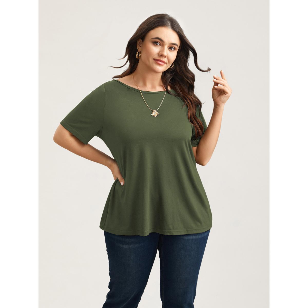 Plus Size Butterfly Back Stretchy Round Neck T-Shirt Indigo Women Leisure See through Round Neck Casual T-shirts BloomChic 12/L Product Image