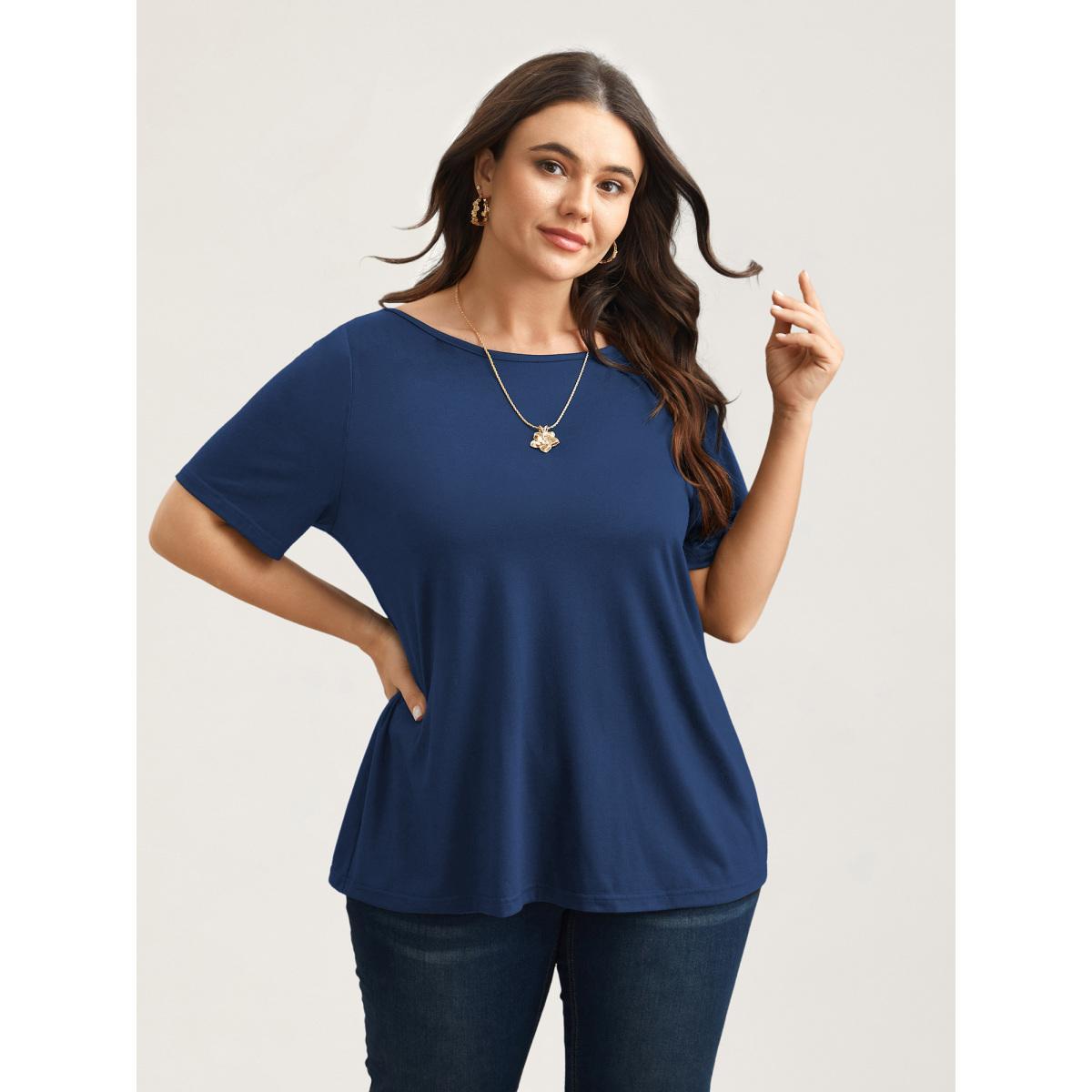 Plus Size Butterfly Back Stretchy Round Neck T-Shirt Indigo Women Leisure See through Round Neck Casual T-shirts BloomChic 12/L Product Image