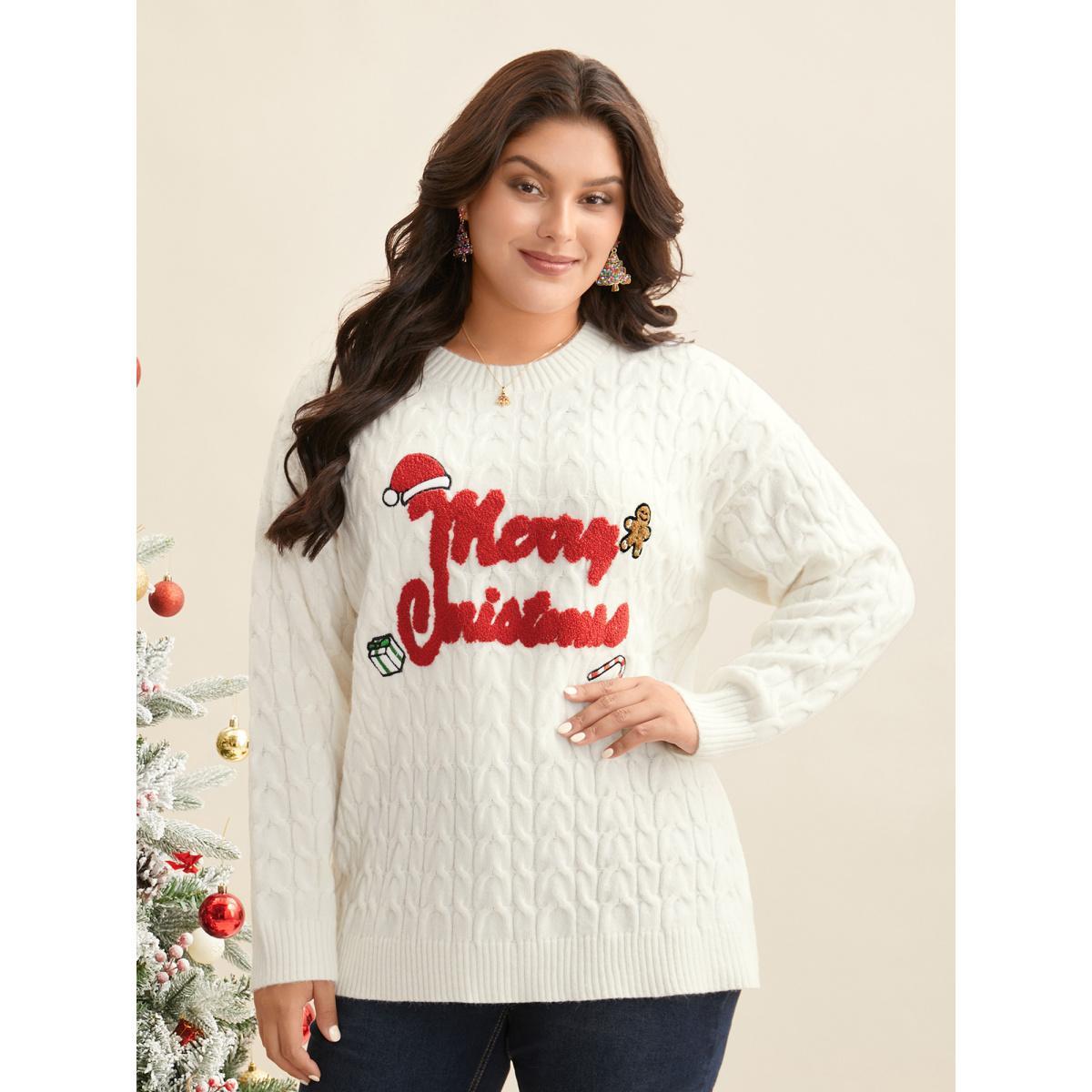 Plus Size Supersoft Essentials Holiday Cable Knit Pullover Ivory Women Casual Loose Long Sleeve Round Neck Everyday Pullovers BloomChic 22-24/3X Product Image