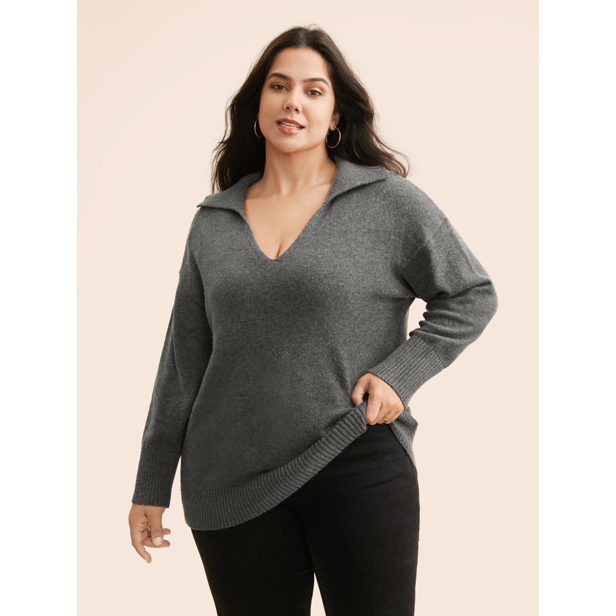 Plus Size Supersoft Essentials Lapel Collar Wool Pullover DimGray Women Casual Long Sleeve Lapel Collar Everyday Pullovers BloomChic 26/4X Product Image