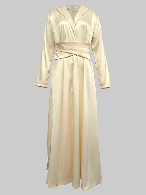 A-Line High Waisted Pleated Solid Color V-Neck Maxi Dresses Product Image