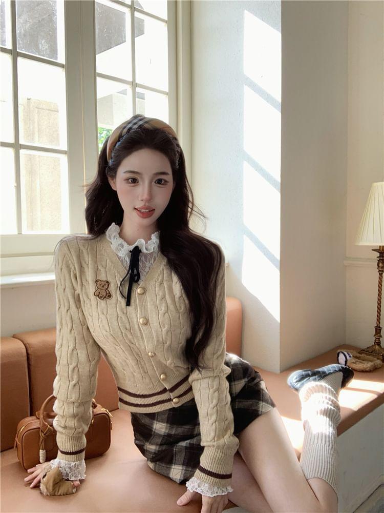 Lace Top / Bear-Embroidered V-Neck Cardigan / Diamond-Print Mini Skirt Product Image