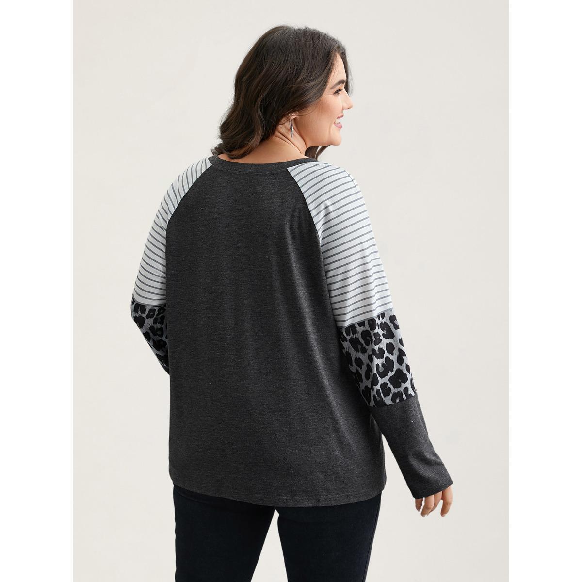 Plus Size Mixed Leopard Print Raglan Sleeve T-Shirt DimGray Women Leisure Contrast Round Neck Casual T-shirts BloomChic 22-24/3X Product Image