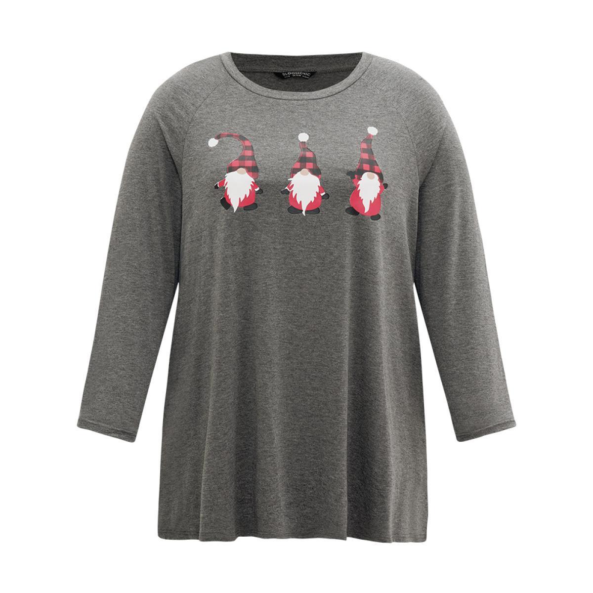 Plus Size Santa Claus Print Long Sleeve T-shirt Gray Women Casual Printed Christmas Dailywear T-shirts BloomChic 18-20/2X Product Image