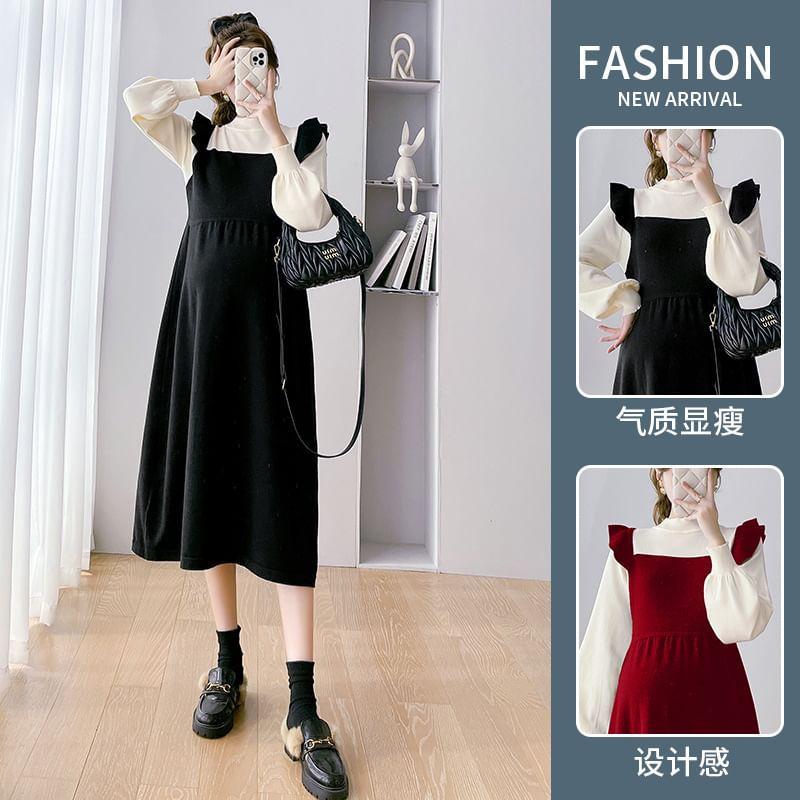 Maternity Long-Sleeve Mock Neck Mock Two Piece Ruffle Trim A-Line Dress (Various Designs) Product Image