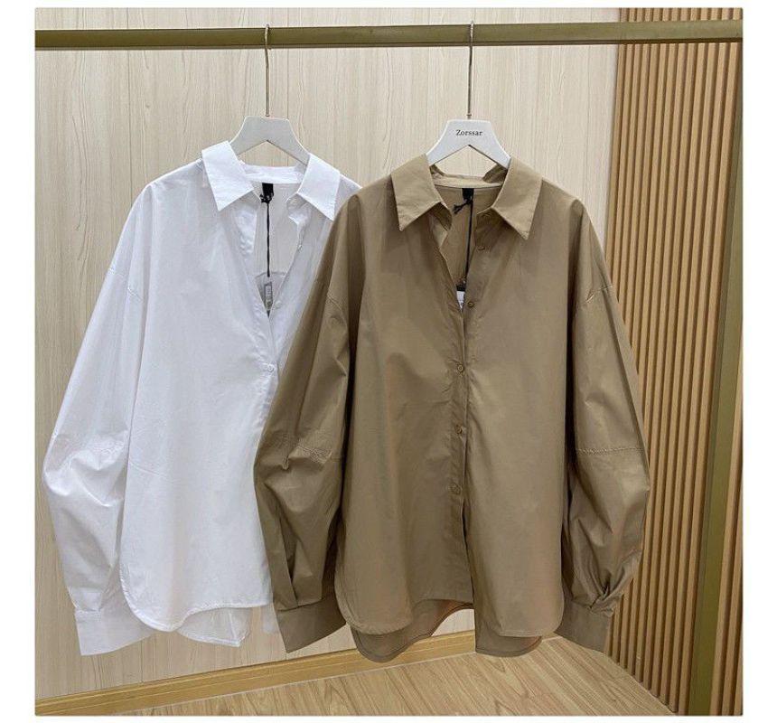 Long-Sleeve Collared Plain Oversized Shirt Product Image