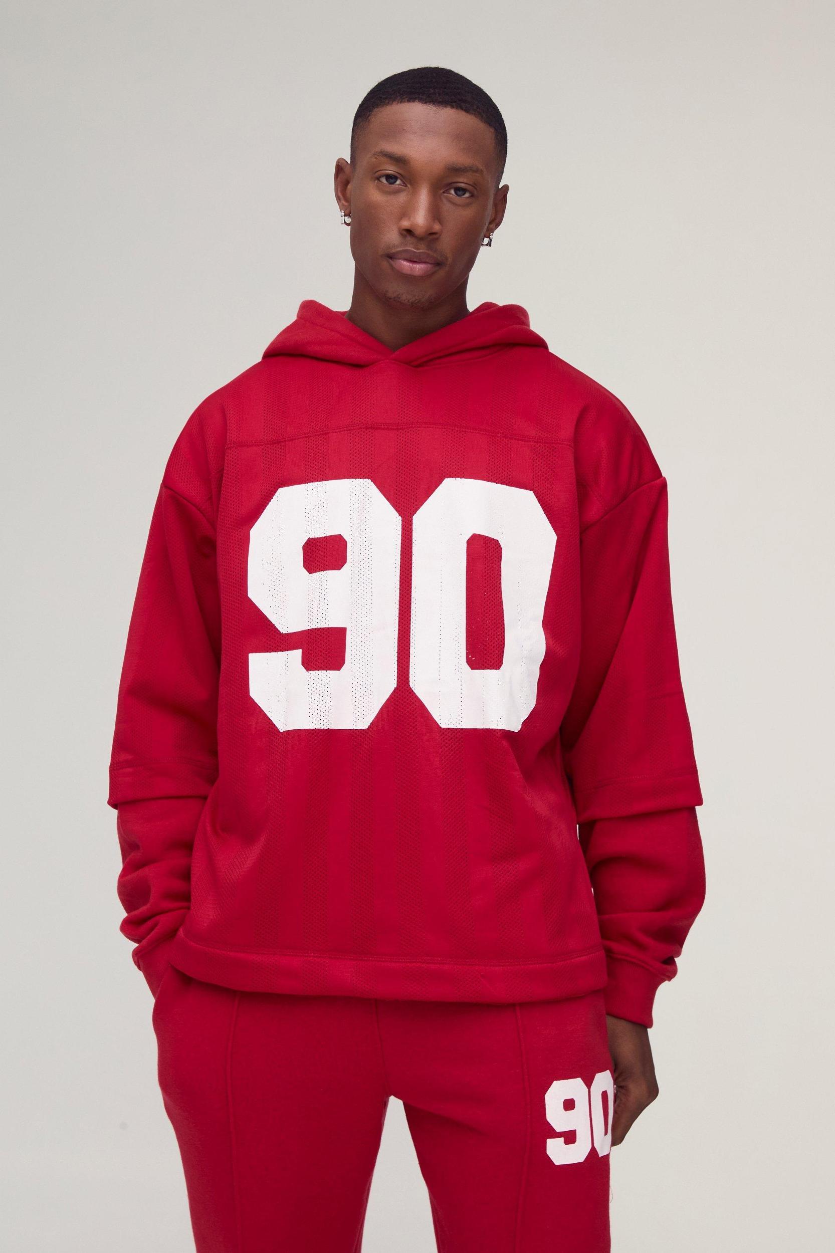 Oversized 90 Printed Football Tee Overlay Hooded Tracksuit | boohooMAN USA Product Image