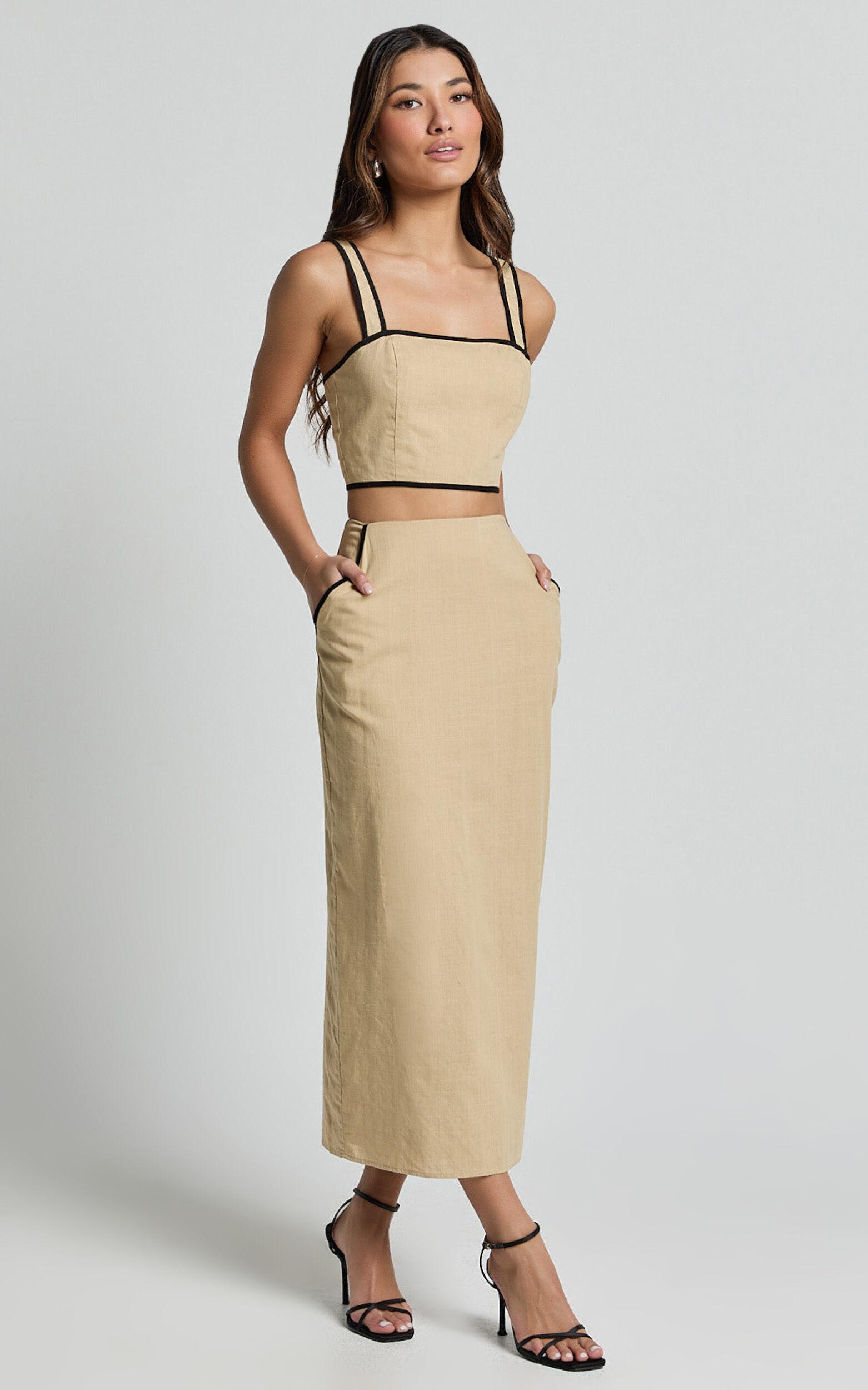 Rita Two Piece Set - Linen Look Contrast Crop Top and Pencil Midi Skirt Set in Sand/Black Product Image