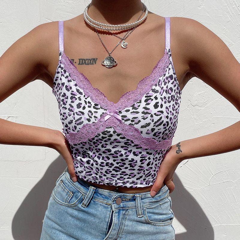 Leopard Print Lace Trim Cropped Camisole Top Product Image