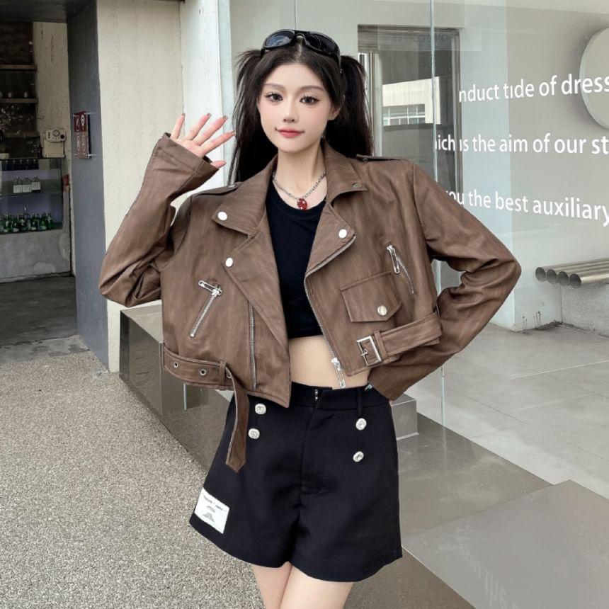 Lapel Collar Plain Zip-Up Faux Leather Crop Biker Jacket Product Image