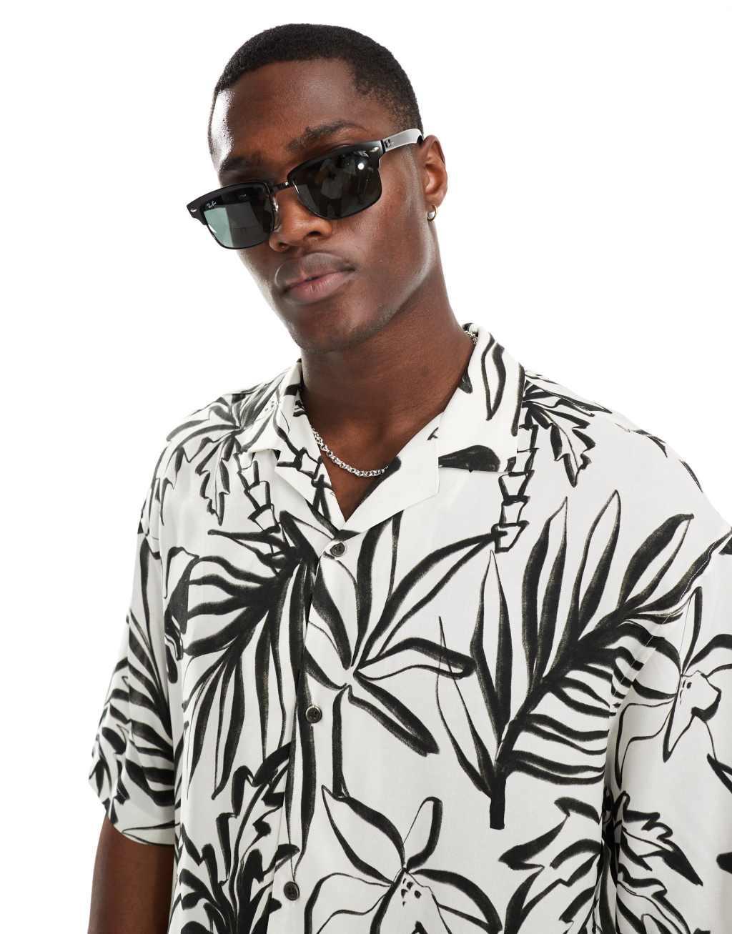 Pull&Bear palm printed shirt in white Product Image