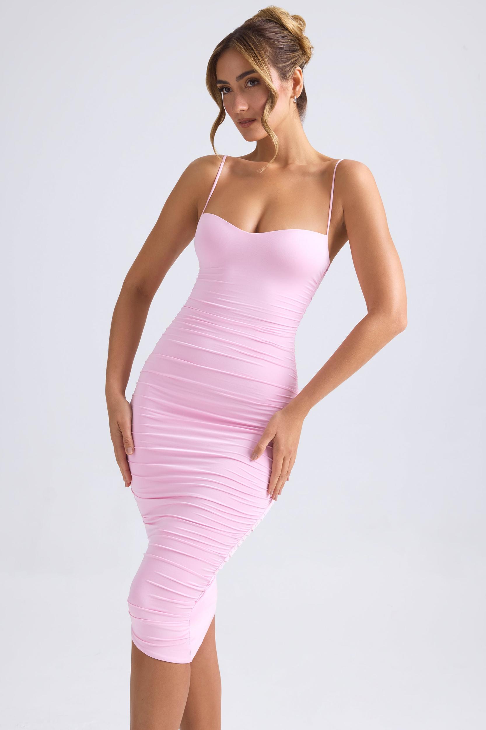 Asymmetric Ruched Midi Dress in Light Pink Product Image