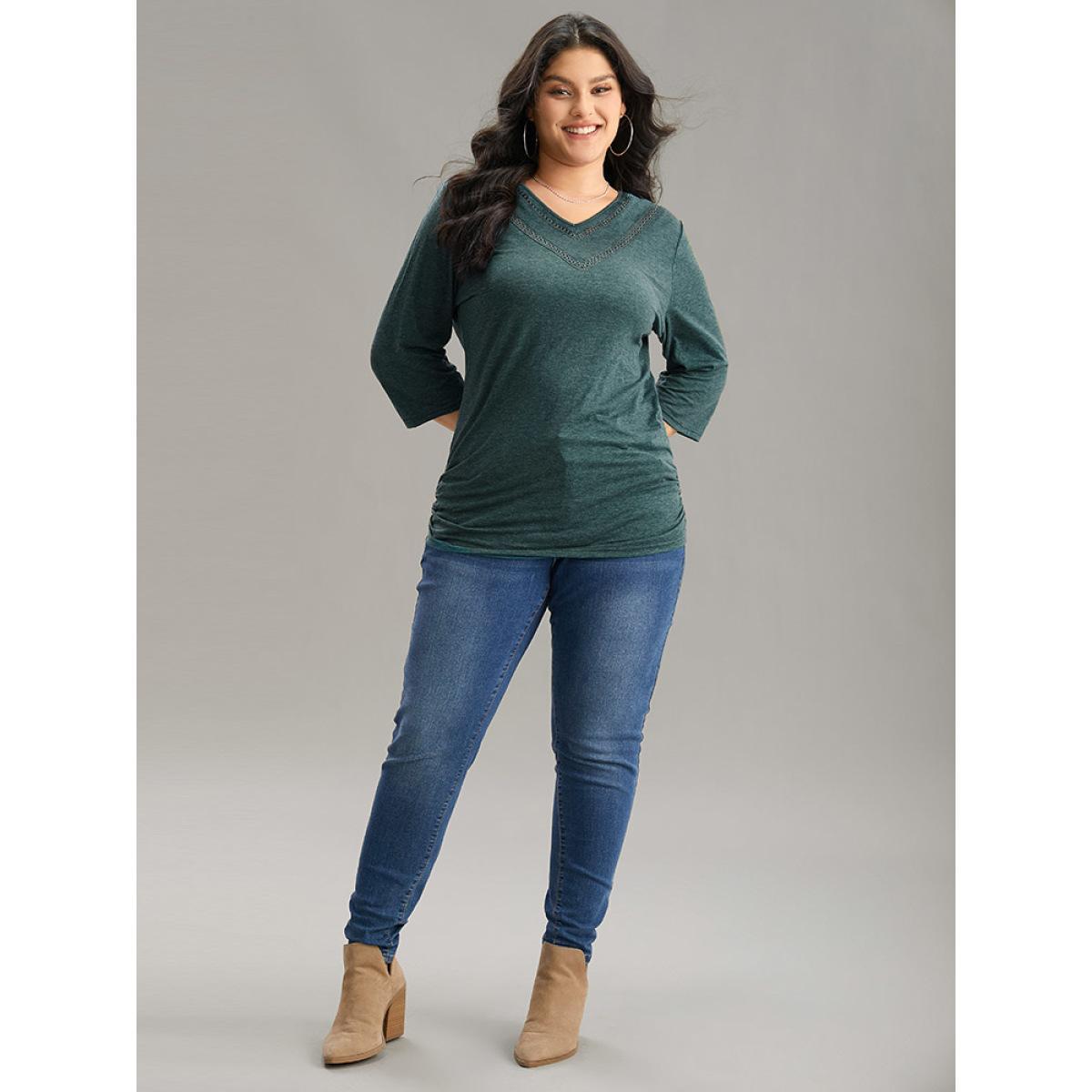 Plus Size Solid Gathered Contrast Lace V Neck T-shirt DarkGreen Women Elegant Gathered Plain V-neck Everyday T-shirts BloomChic 14-16/1X Product Image